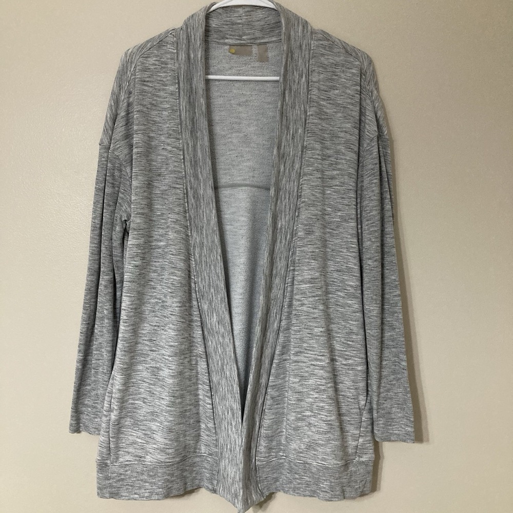 Zella Heather Gray Open Front Fleece Lounge Cardigan Pockets Women's Medium